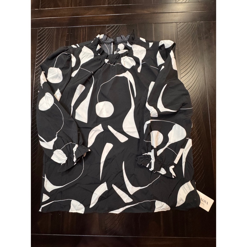 Avanova Womens Black White Abstract Mock Neck Ruffle Cuff Blouse Large NWT